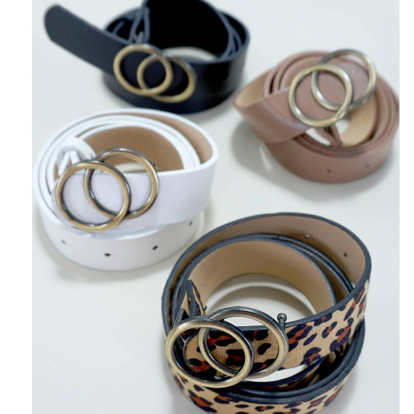 Double O Buckle Vegan Leather Belt Off White - Picture 3 of 5